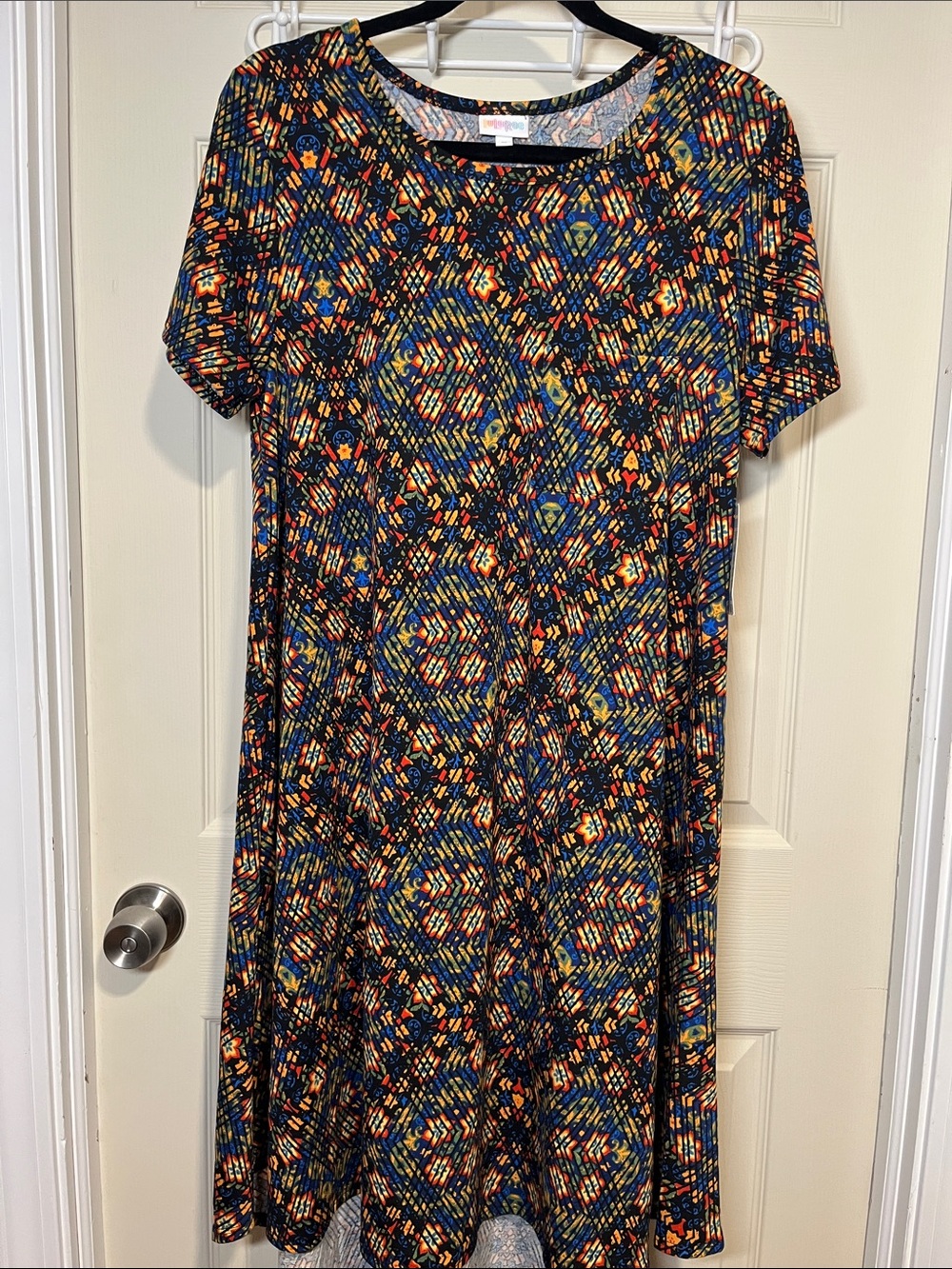 LuLaRoe Navy, Orange, Yellow & Teal Geometric A-Line Dress